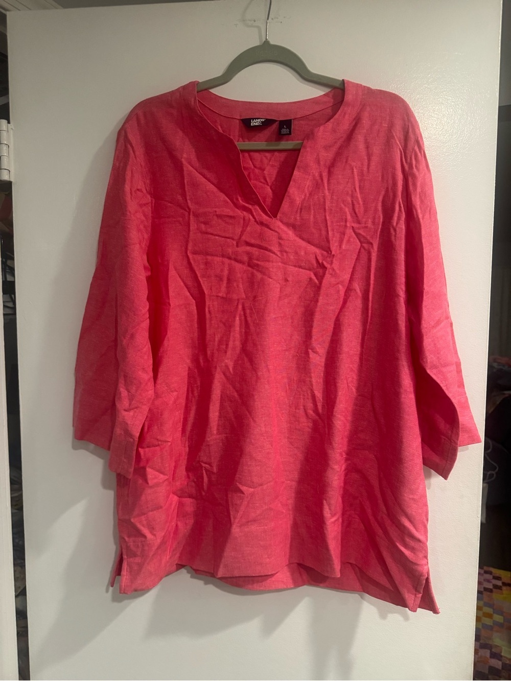 Coastal Grandma Lands' End Women's Pink Split-Neck Tunic Linen Blend | Large